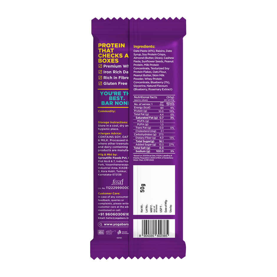 Yoga Bar 10g Protein Bar, Blueberry Blast, Date Sweetened, Raw Cold Pressed