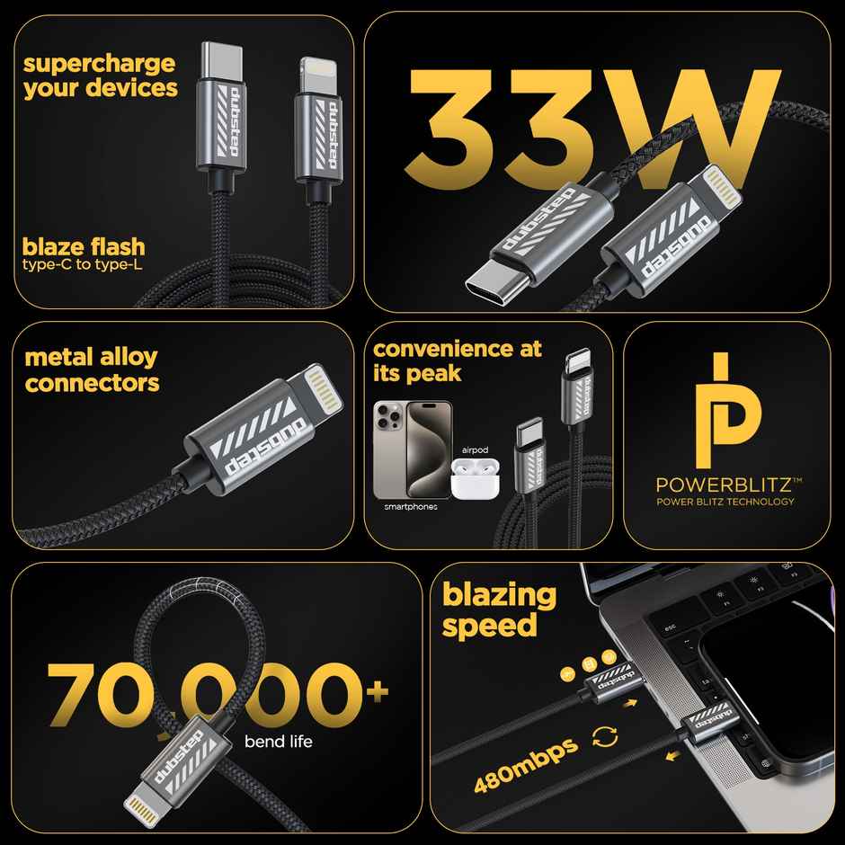 Dubstep Blaze Flash 33W 1.25m Type-C To Type-L Data Fast Charging Nylon Braided Cable with Overheat Protection | 70k Insertion Tested - Grey