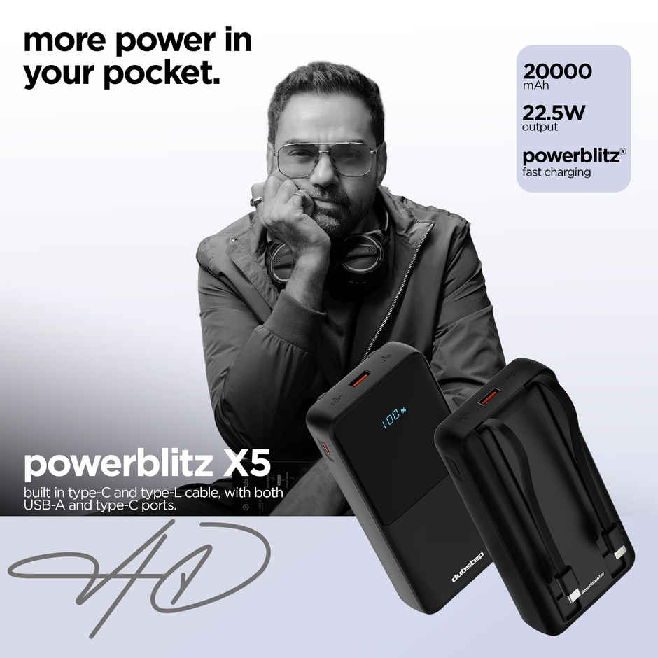 Dubstep Powerblitz X5 20K 22.5W 20000 mAh Power Bank with Inbuilt Type C & Lightning Cable | Black