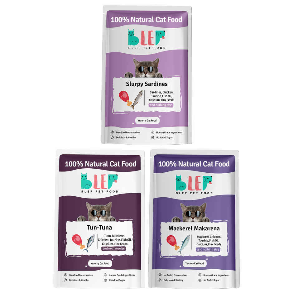 BLEP 100% Natural Cat Food | 3 Recipes Tuna, Mackerel and Sardine | 3 Packs | Zero Preservatives