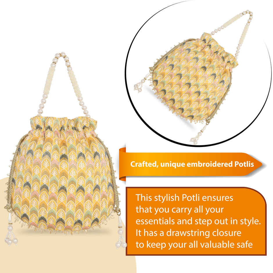 Lavie Women's Noor Chevron Embroidered Potli | Small | Yellow