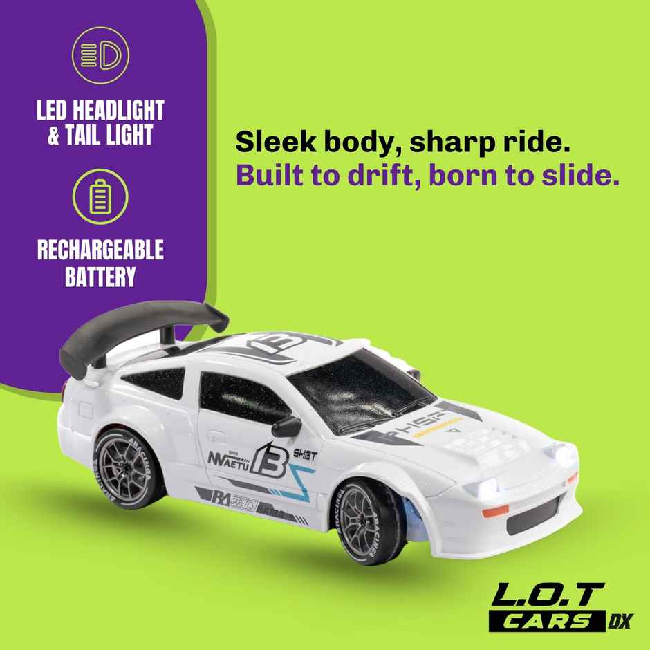 RC Drift Car with 4 extra wheels, 20kmph & Boost Mode | Flare - Track White