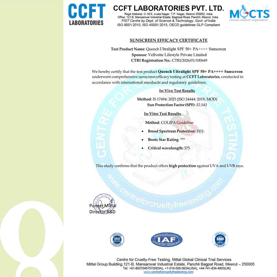 Quench SPF 50+ PA++++ Korean Sunscreen with Avocado & Vitamin E No White Cast