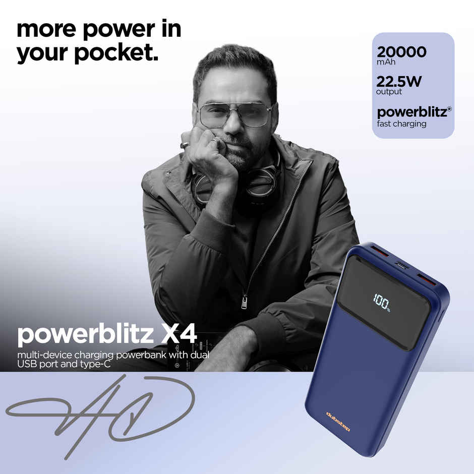 Dubstep Powerblitz X4 22.5W 20000 mAh Fast Charging Power Bank with Type C & Dual USB A Port Blue