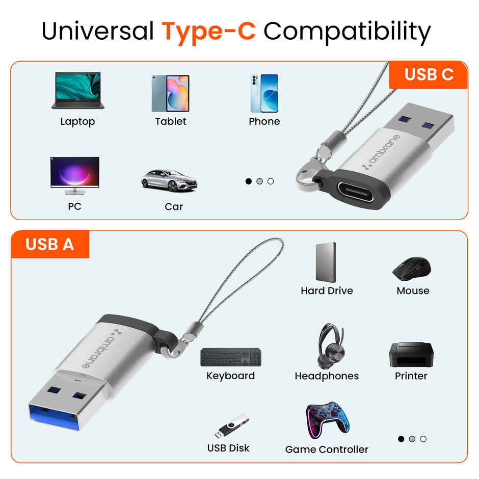 Ambrane AOTG-A1 USB Type C Female to USB Male OTG Adapter with 5 Gbps High-Speed Data Transfer, Compatible with Laptops, Tablets, Smartphone, Chargers and More Devices - Grey
