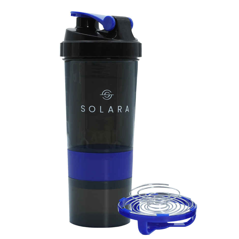 Solara 650 Ml Protein Shaker Bottle For Gym With Two Layer Extra Storage - Black & Blue (1pc) & Lifelong Pvc Hex Dumbbells 2Kg (1Kg X 2) For Home Gym Equipment Fitness Barbell (Pack Of 2) (1pc) Combo