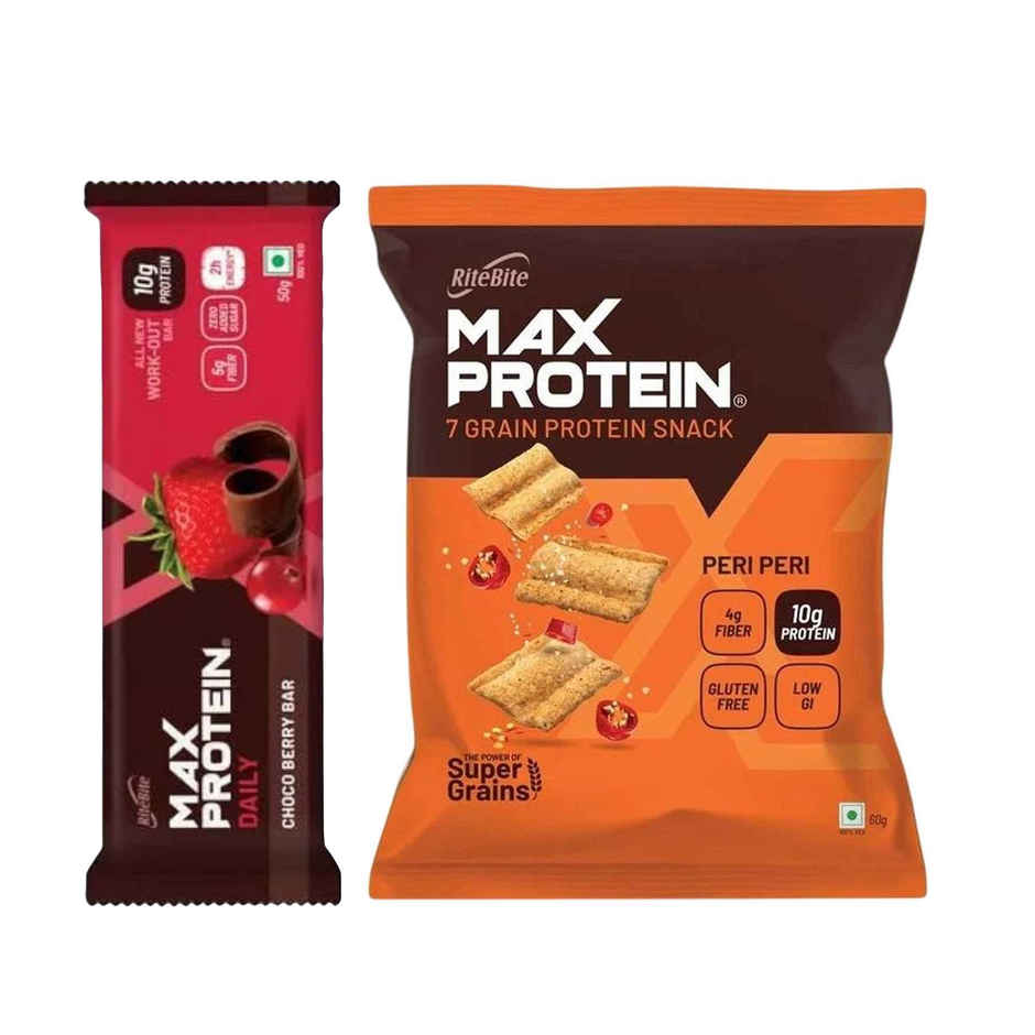 Ritebite Max Protein Peri Peri 10 G Multigrain Protein Chips, Healthy Snacks & Munchies (60g) & Ritebite Max Protein 10G Protein Bar Choco Berry (50g) Combo
