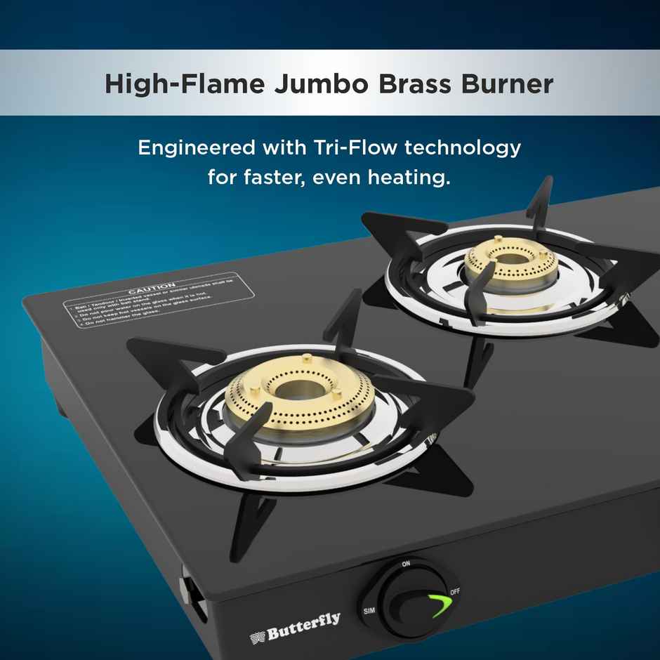 Butterfly Alpha Max 4 Burner Glass Top Gas Stove | Tri-Flow Jumbo Burner
