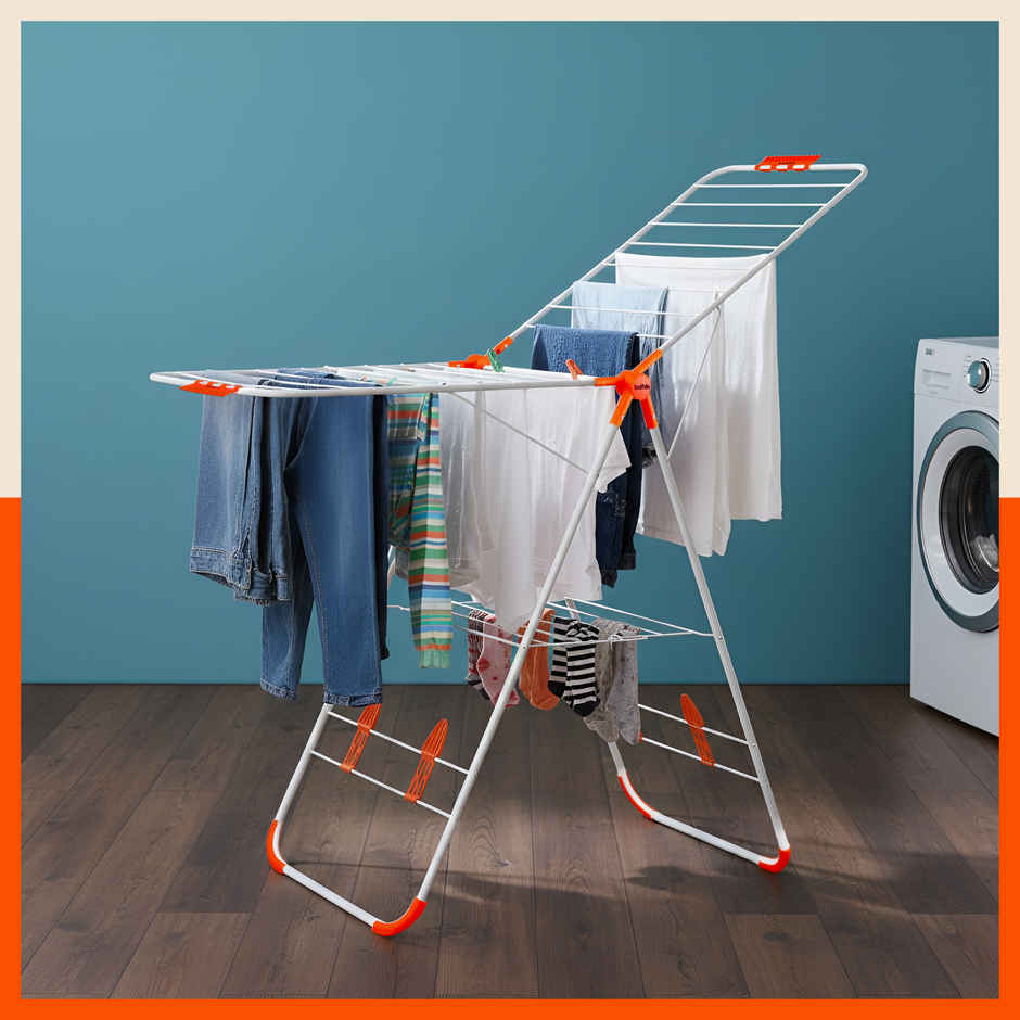 Bathla Foldable Cloth Drying Stand for Home - Neo | Steel | Heavy Duty, Lightweight | Orange