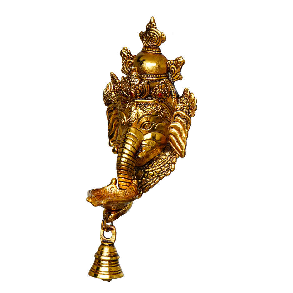 eCraftIndia Golden Metal Lord Ganesha Face Wall Hanging Diya With Bell