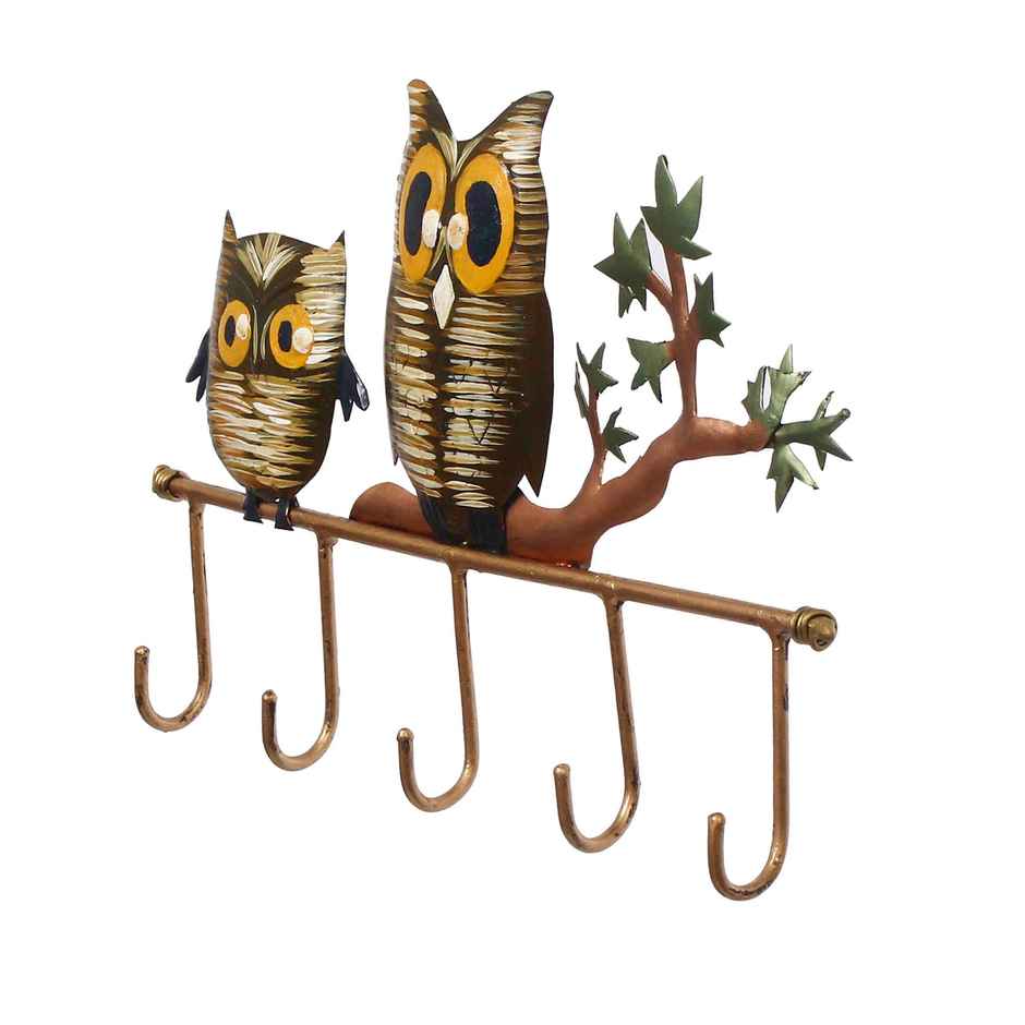 eCraftIndia Iron 2 Owl Birds Sitting On Tree Branch Decorative Key Holder With 5 Key Hooks For Wall