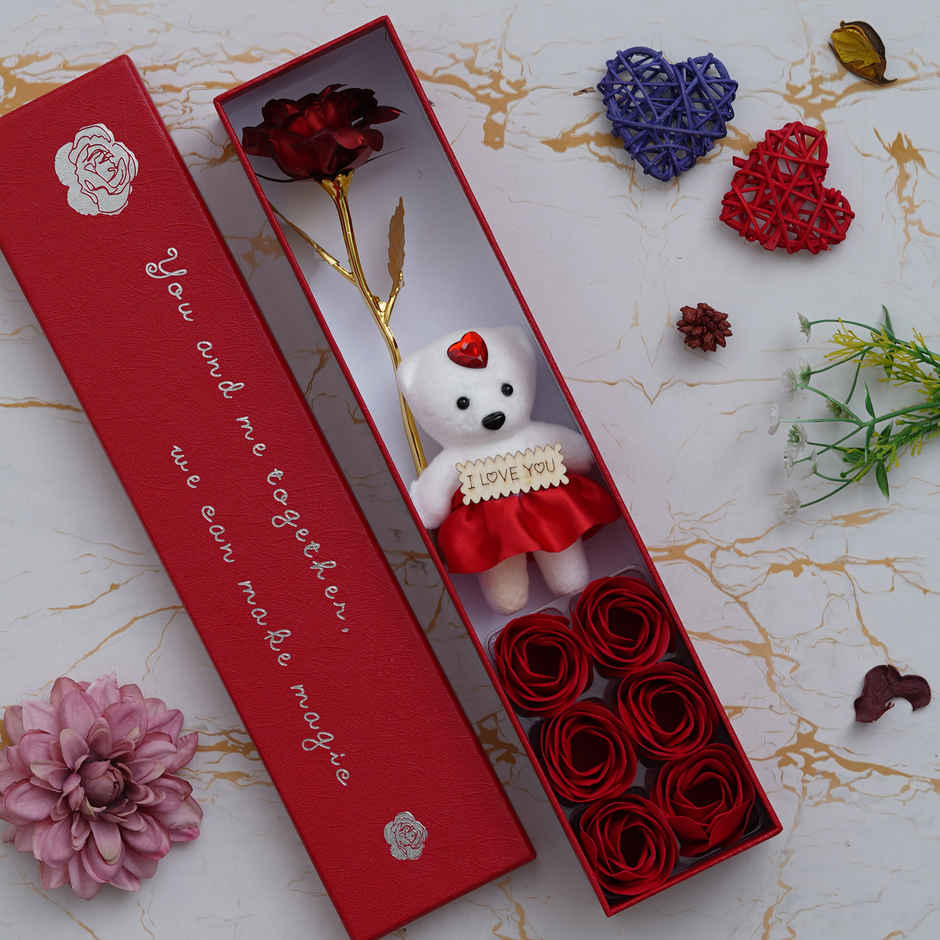 eCraftIndia Red Valentine's Day Gift Box with Teddy, Rose Showpiece, and 6 Flowers