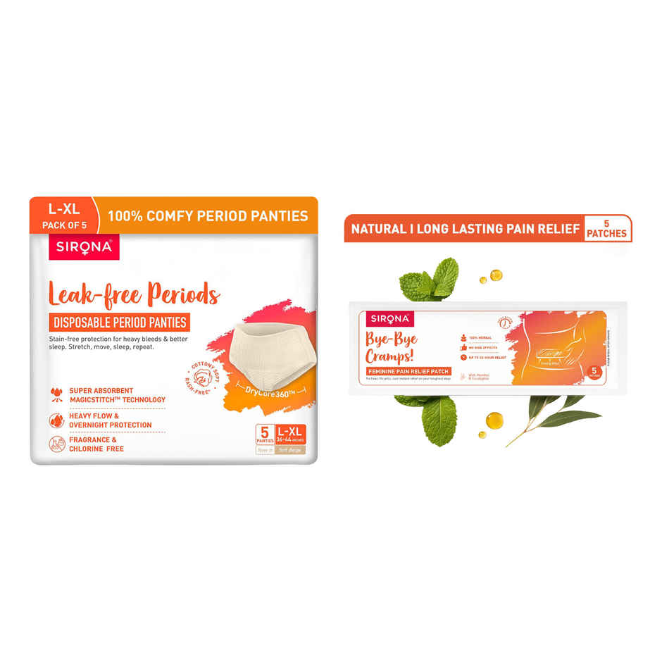 Sirona Disposable Period Panties L-Xl, 5X More Absorption, 100% Rash Free, Leak-Proof (5pc) & Sirona Herbal Period Pain Relief Patches| Relief From Menstrual Cramps | Cool Patches (5pc) Combo