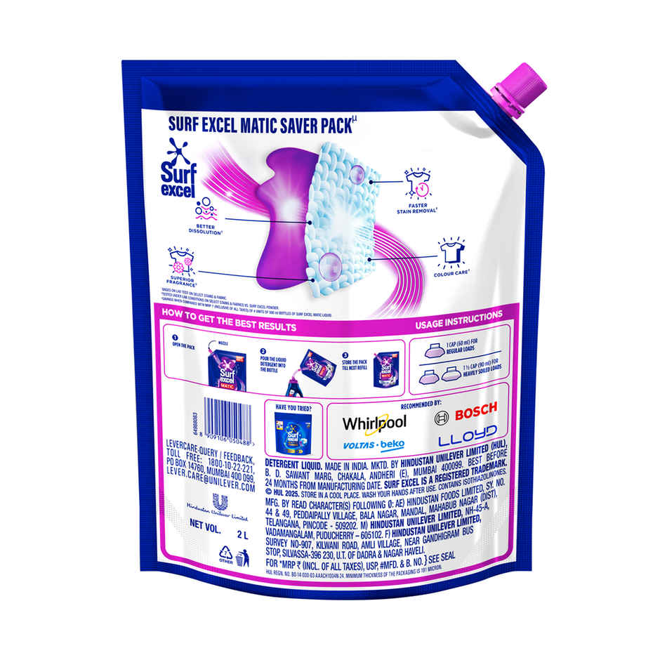 Surf Excel Matic Front Load Detergent Liquid Refill | Tough Dried Stain Removal