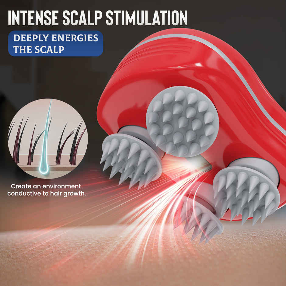 Sicaro RP202 Relax Pro Rechargeable Scalp and Body Massager | 360 Degree Deep Massage Bristles | Red