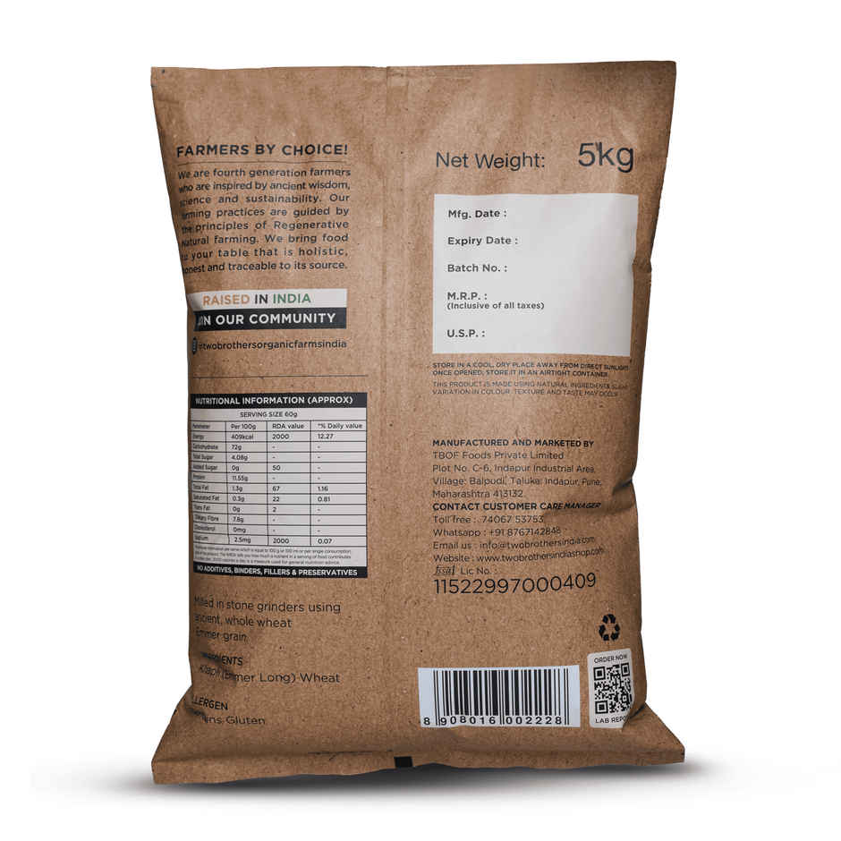 Two Brothers Khapli | Emmer Long Wheat Atta, Stoneground 5 Kg