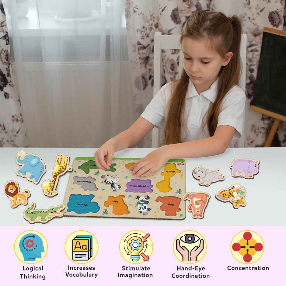 Little Berry Jungle Animals Wooden Knob Puzzle Board For Kids With Pictures - Lb59