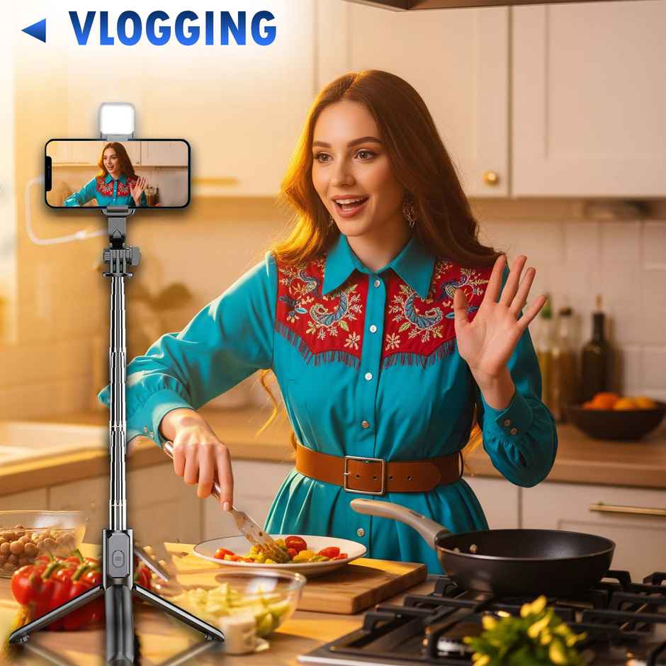 Kratos K14 Selfie Stick Tripod with LED Light 3 in 1 for Makeup Selfie Photo Shoot | 100 cm