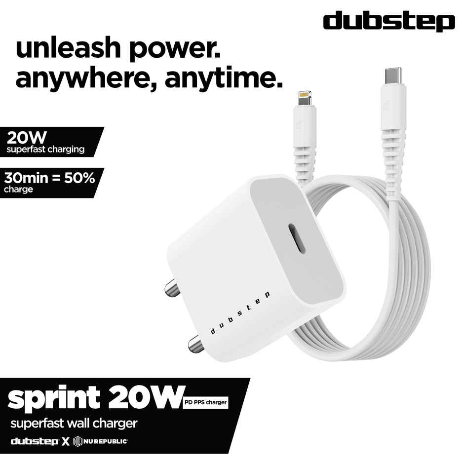 Dubstep Sprint 20W USB-C Charger | All Fast Charging Technologies (With Type-C To L Cable - White