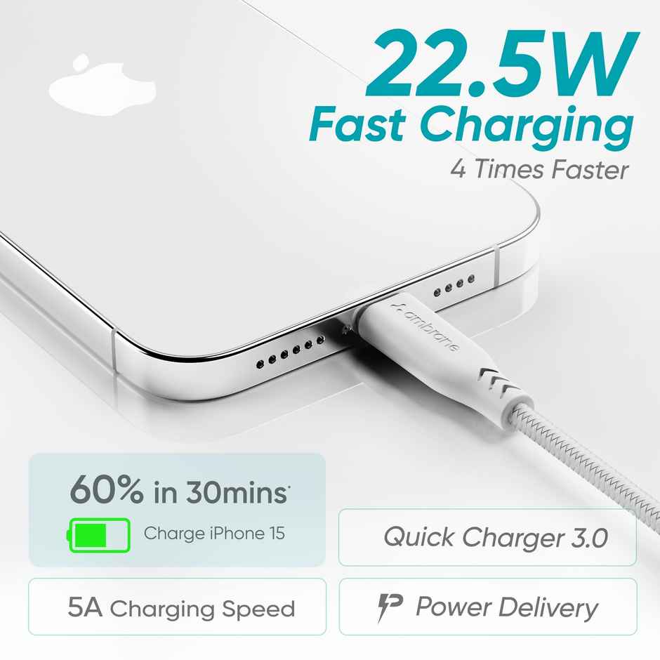 Ambrane Unbreakable 3A Fast Charging 1.5m Braided Type C Cable | USB to C Cable | White 