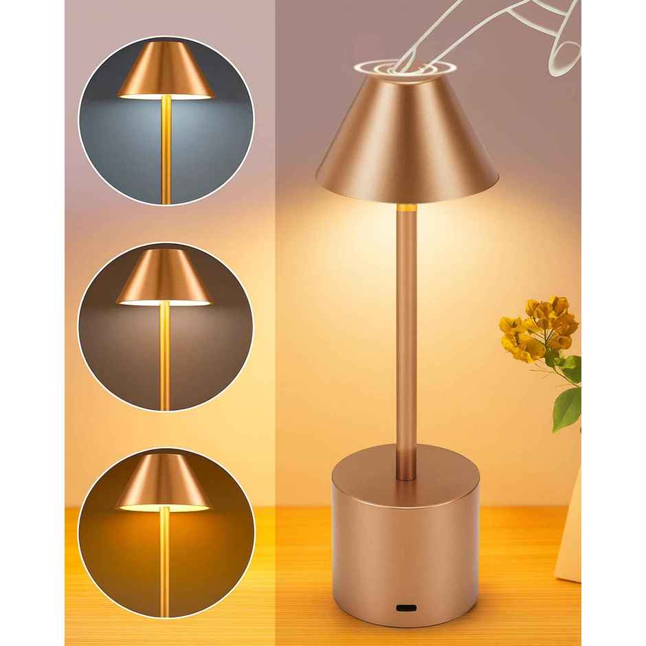 Homesake Metal Cone Table Lamp | Portable Dimmable | Touch Control | Wireless Charging | Rose Gold