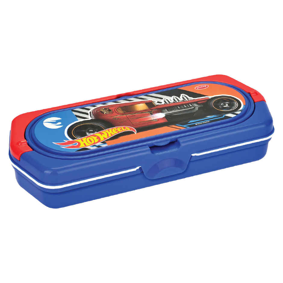 PRATAP Flip Note Pencil Box with Dual White Board | Marker, Pencil, Scale | Blue | Hot Wheels
