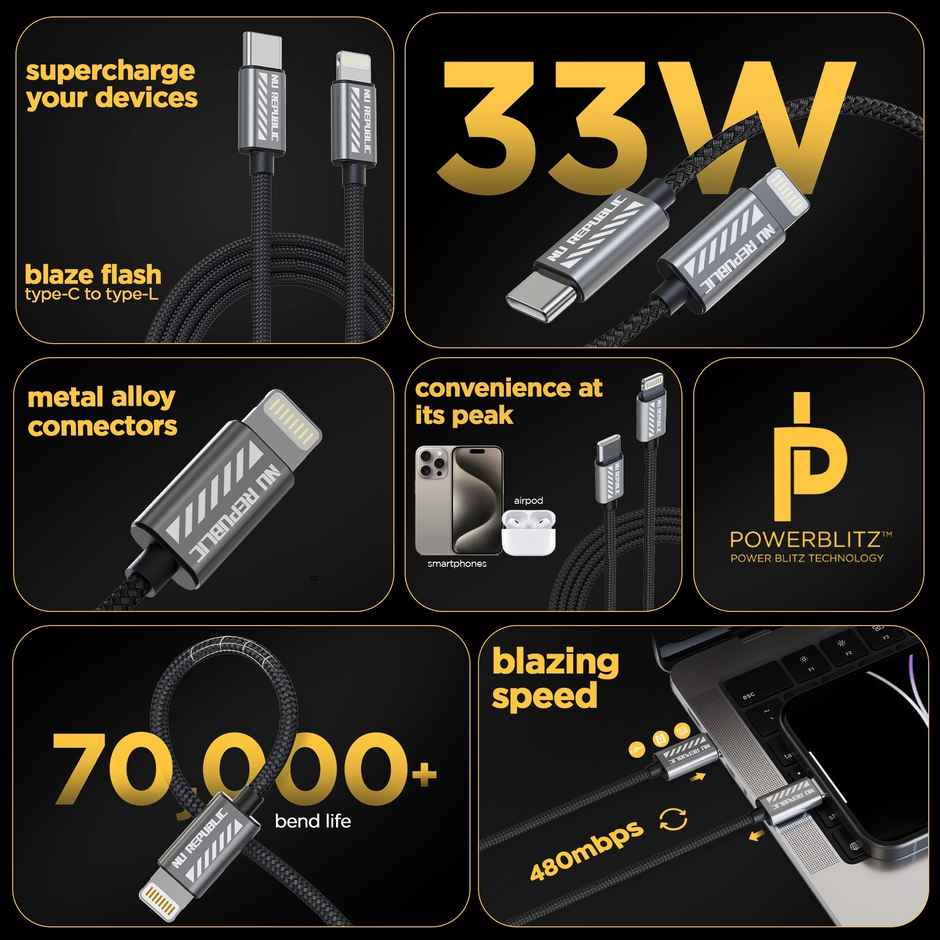 Nu Republic Blaze Flash 33W 1.25m Type C to Lightning Cable (Grey) -1 unit