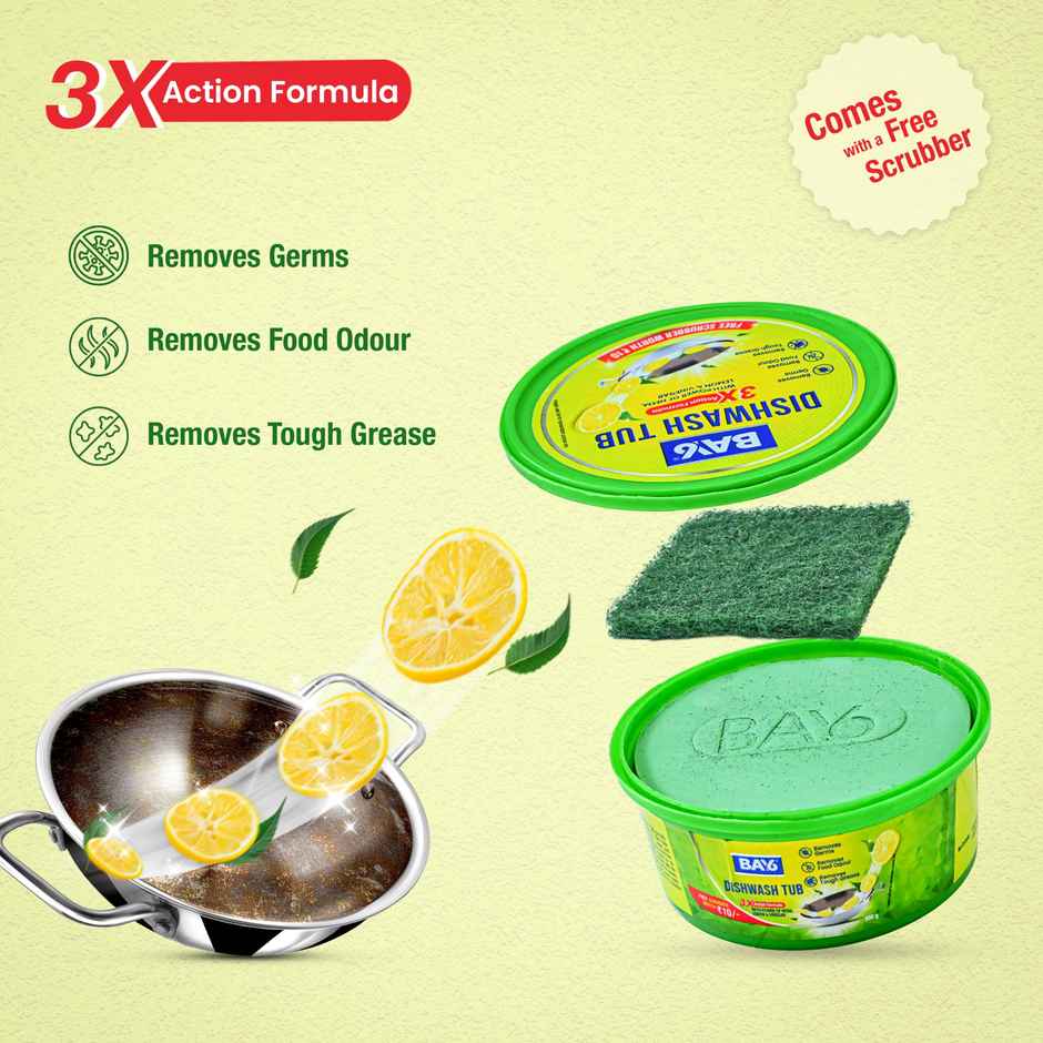 BAY6 Dishwash Bar Tub - 3X Action Neem, Lemon & Vinegar with Free Scrubber