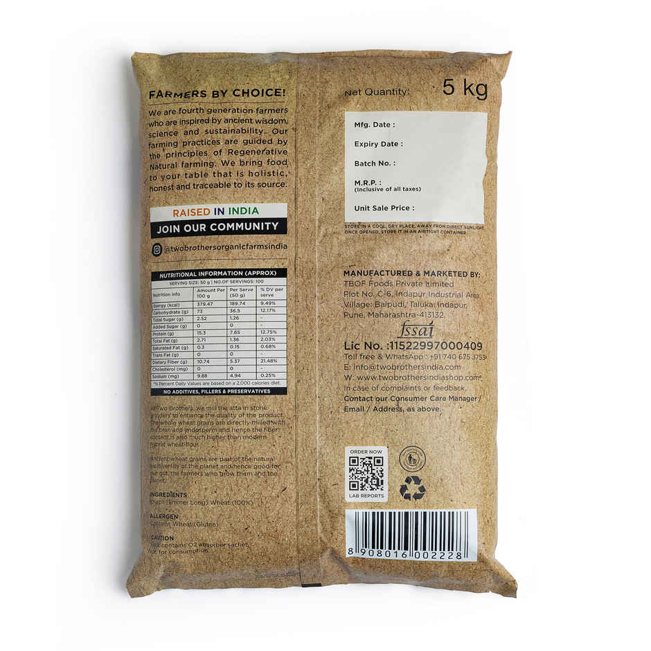 Two Brothers Khapli | Emmer Long Wheat Atta, Stoneground 5 Kg
