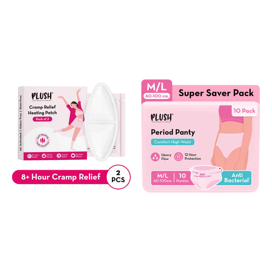 Plush Cramp Relief Heating Patch (2pc) & Plush Comfort High Waist Period Panty M/L (1pc) Combo