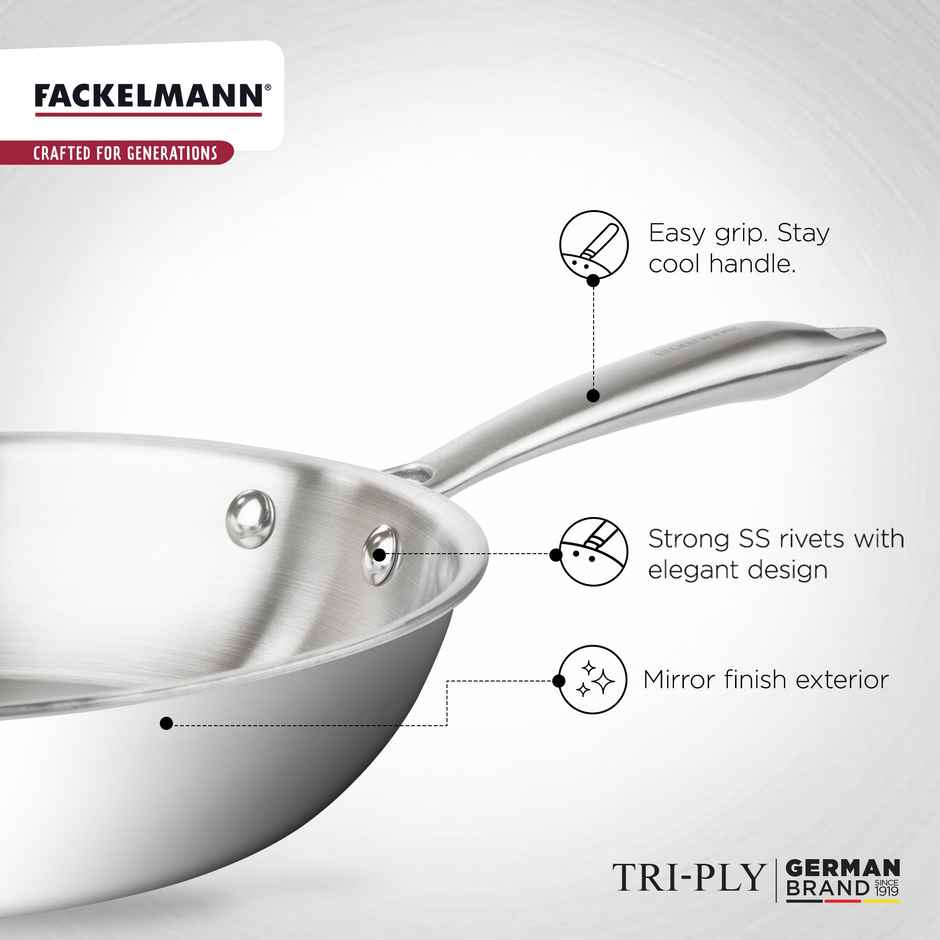 Fackelmann 24 cm Frying Pan, Triply | with Lid | German Quality | Energy-Efficient Fry Pan | Non-Toxic | Even Heating | Ideal for All Cooktops | Hassle-Free Maintenance | 5 Year Warranty