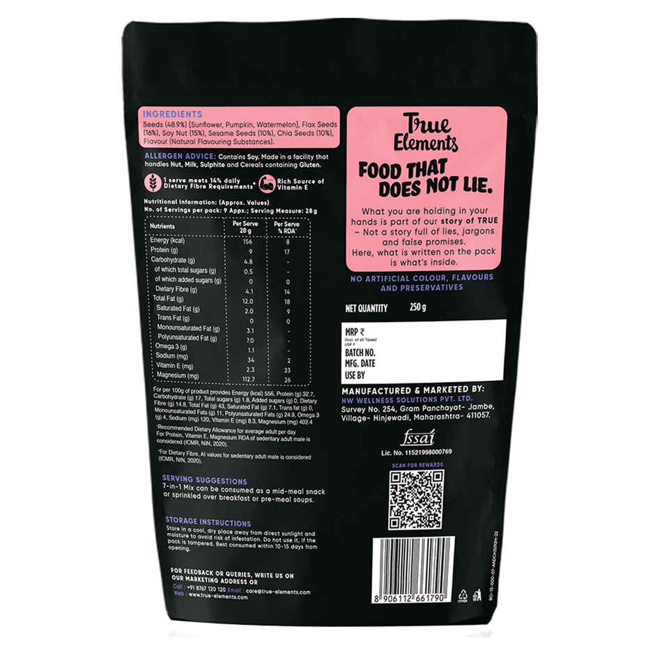 True Elements 7 In 1 Super Seeds & Nut Mix - Pumpkin, Flax, Watermelon, Sunflower, Chia, Sesame Seeds