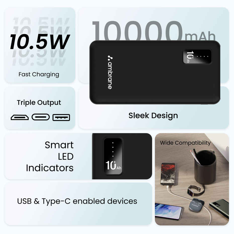 Ambrane 10000mAh Power Bank 10.5W Fast Charging Triple Outputs With USB-C Compact Powerbank | Black