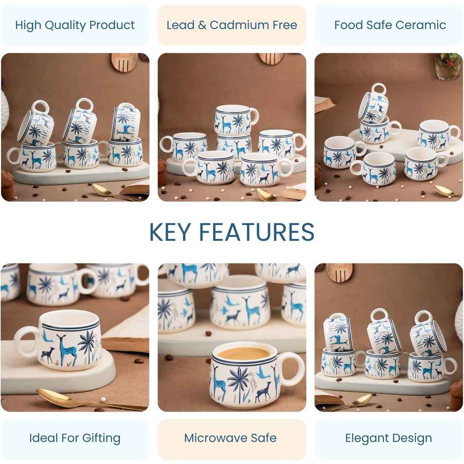 The Earth Store Stag Blue Ceramic Tea Cups | 150 ml Microwave Safe Coffee Cup