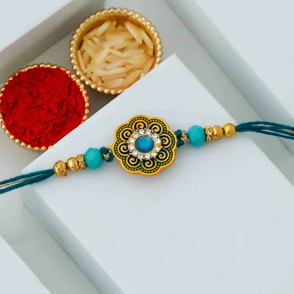 Floral Kundan Designer Rakhi for Bhaiya, Bhai, Bhabhi and Kids with Roli Chawal | Pack of 1 | Ecraftindia
