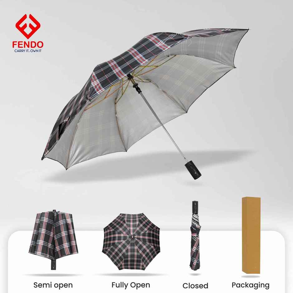 Fendo Emmott Auto Open Sun & Rainproof Regular Umbrella| Brown Checks | 24.5 Inch | 2 Fold