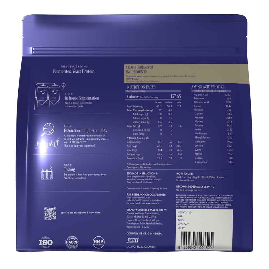 Cosmix Fermented Yeast Protein Powder | Pure Single-Source Plant Protein | Classic Unflavoured