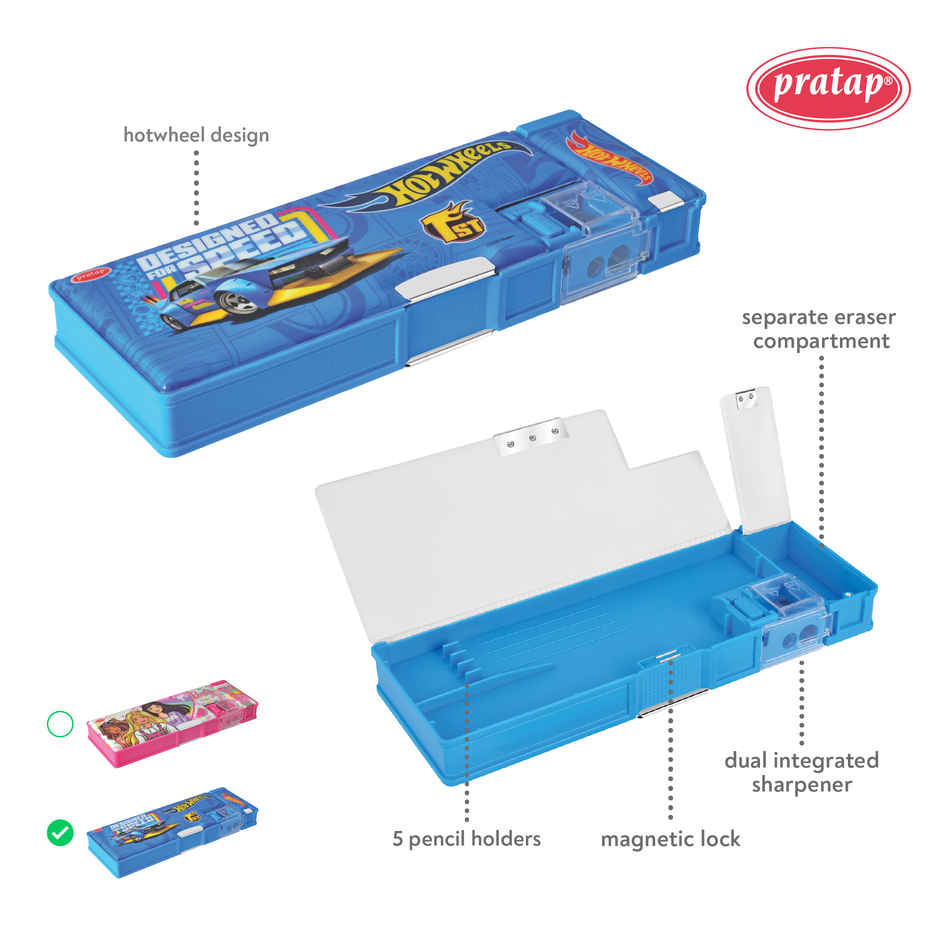 Pratap Maglock Big Dual Side Pencil Box With 2 Sharpener And One Side Compartment Blue Hot Wheels