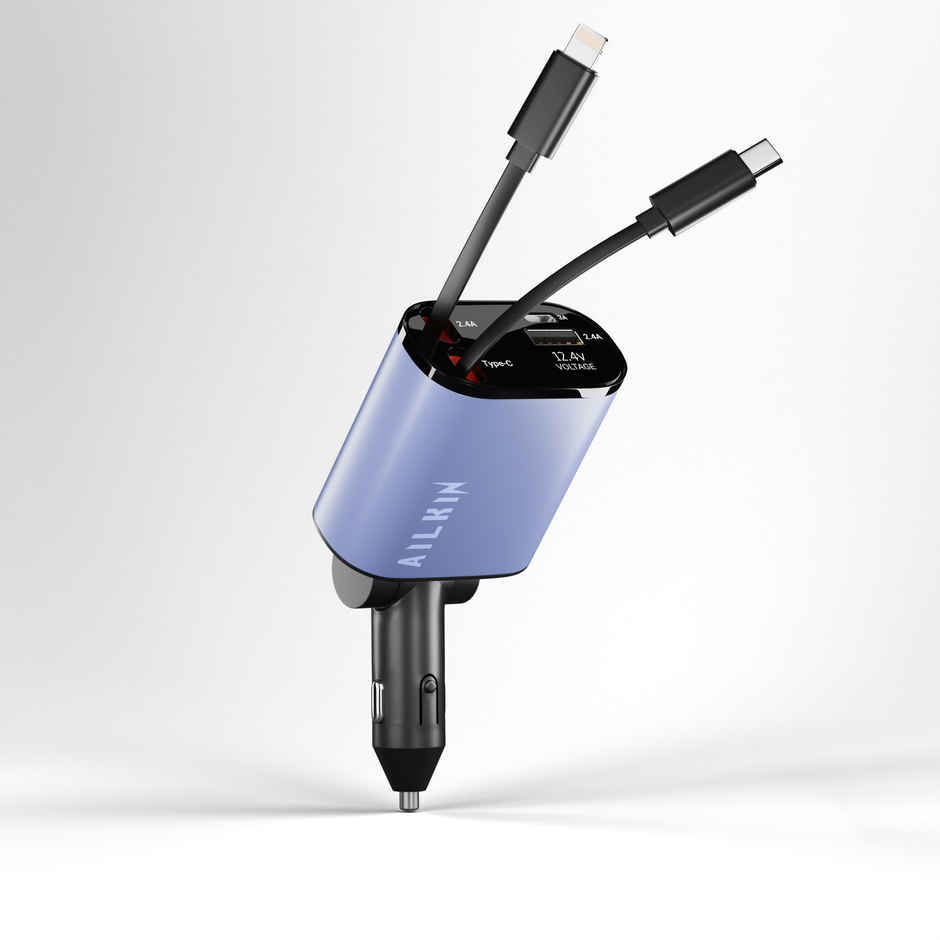 Ailkin 120W Retractable Car Charger 4-in-1 Fast Charger | USB-C & Lightning Cables | Dual USB Port