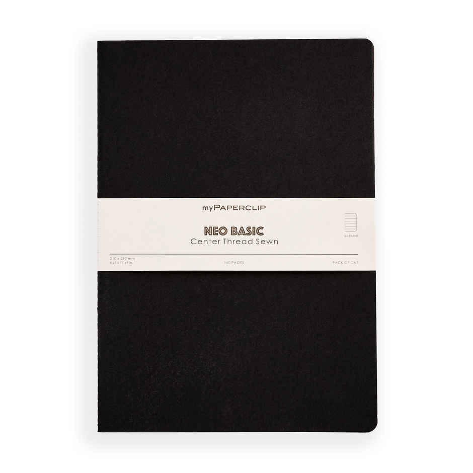 myPAPERCLIP - NeoBasic Notebook, Centre Thread Sewn Notebook - A4 - Ruled - Black Colour