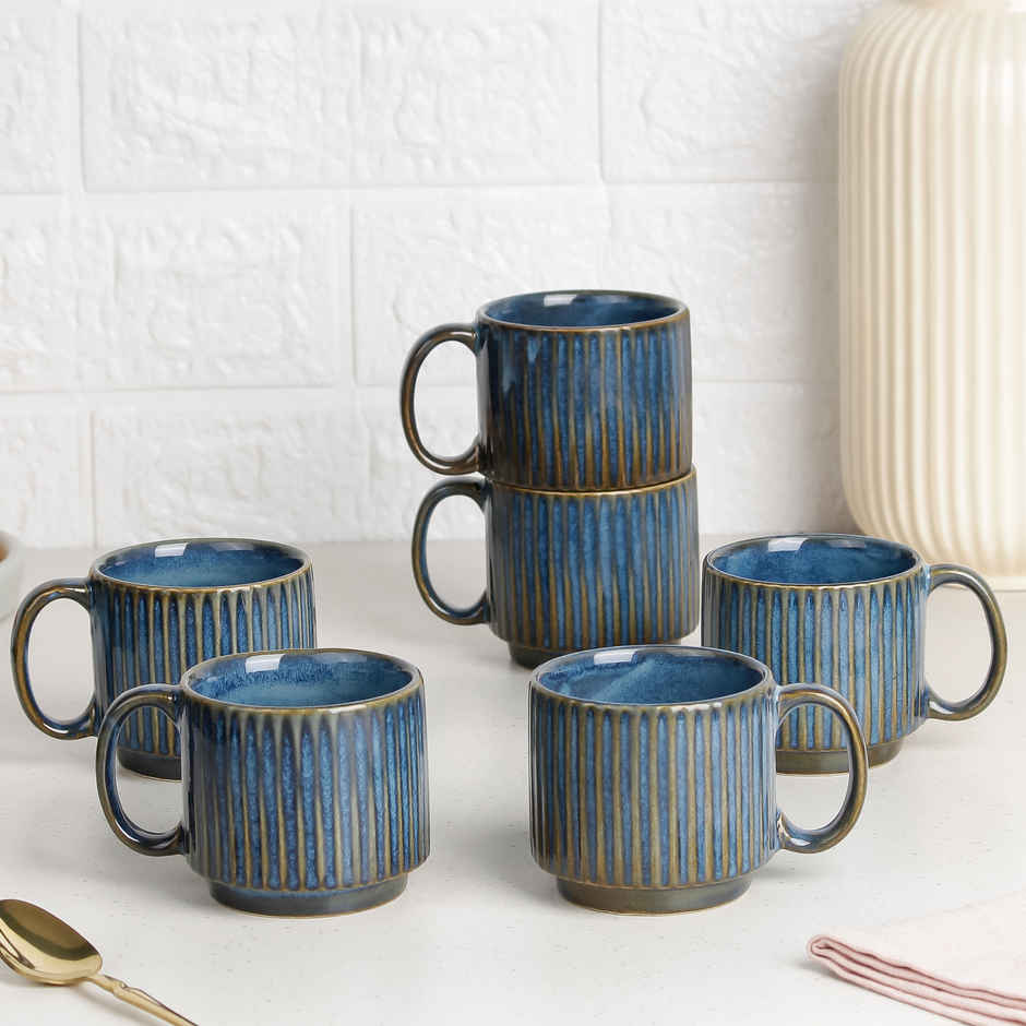 The Earth Store Glam Blue Fringe Premium Stackable Ceramic Tea Cup | Blue - 160 ml