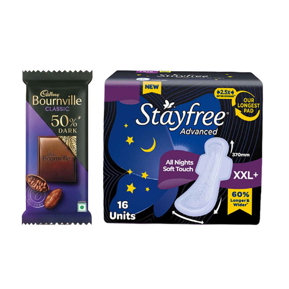Cadbury Bournville Rich Cocoa 50% Dark Chocolate Bar (30g) & Stayfree Advanced All Nights Sanitary Pads | Xxxl (16pc) Combo  