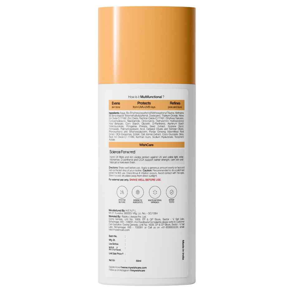 WishCare Daily Tinted Fluid Sunscreen SPF50PA++++ | M202 | All Skin Type | InVivo Tested