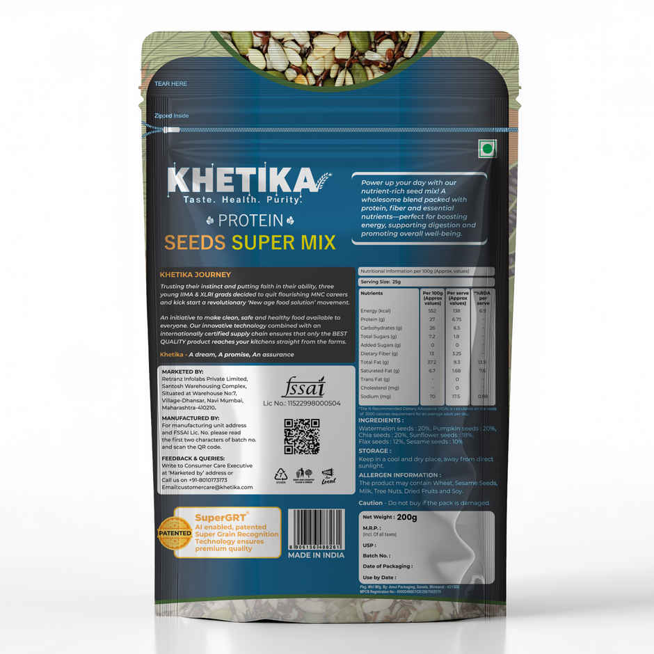Khetika Super Seed Mix Rich in Protein 52g, Pumpkin, Sesame, Watermelon, Sunflower, Flax, Chia Seeds