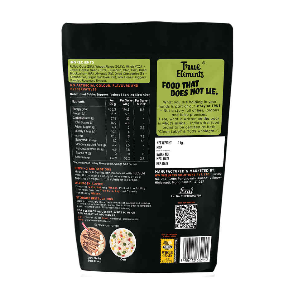 True Elements Crunchy Nut & Berry Muesli With Almonds & Cranberries - Crunchy Muesli Nuts Delight