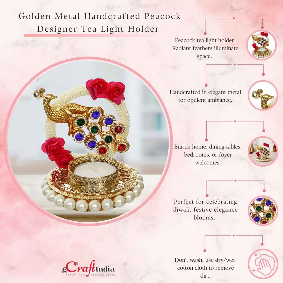 eCraftIndia Metal Peacock With Stones Handcrafted Tea Light Holder