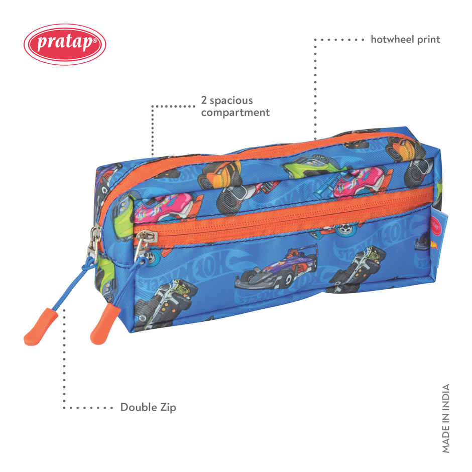 PRATAP Double Zip Cloth Full Printed Pouch | Blue, Hot Wheels