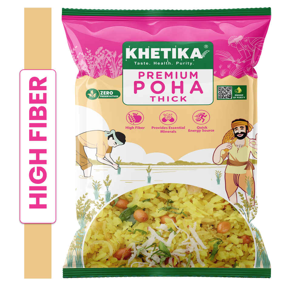 Khetika Premium Thick Poha (Flattened Rice) | High in Fiber | Zero Preservatives