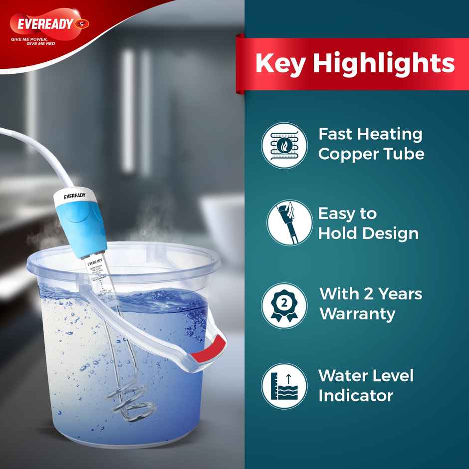 Eveready Epoxy Immersion Heater Rod | 1500W | Rust-Resistant & Long Life | 2 Years Warranty | 16 A Plug