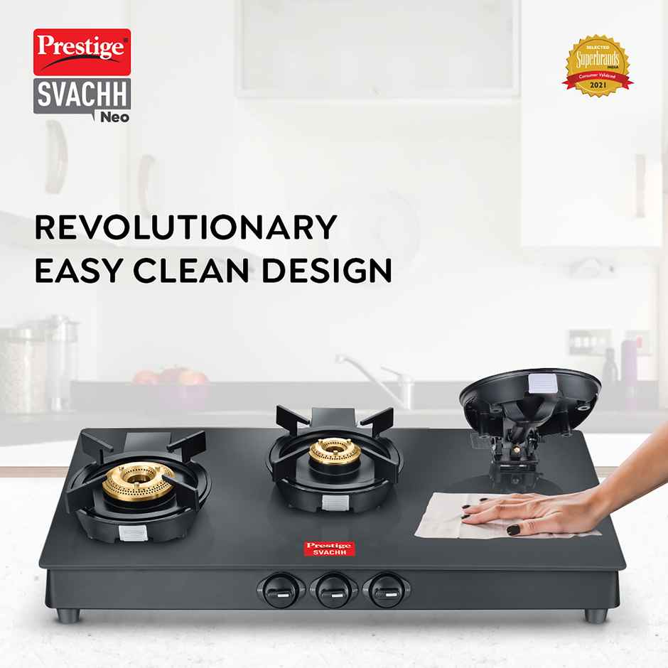 Prestige 3 Burner Svachh Neo GTSN 03 Toughened Glasstop Gas Stove | Liftable Burners | Black